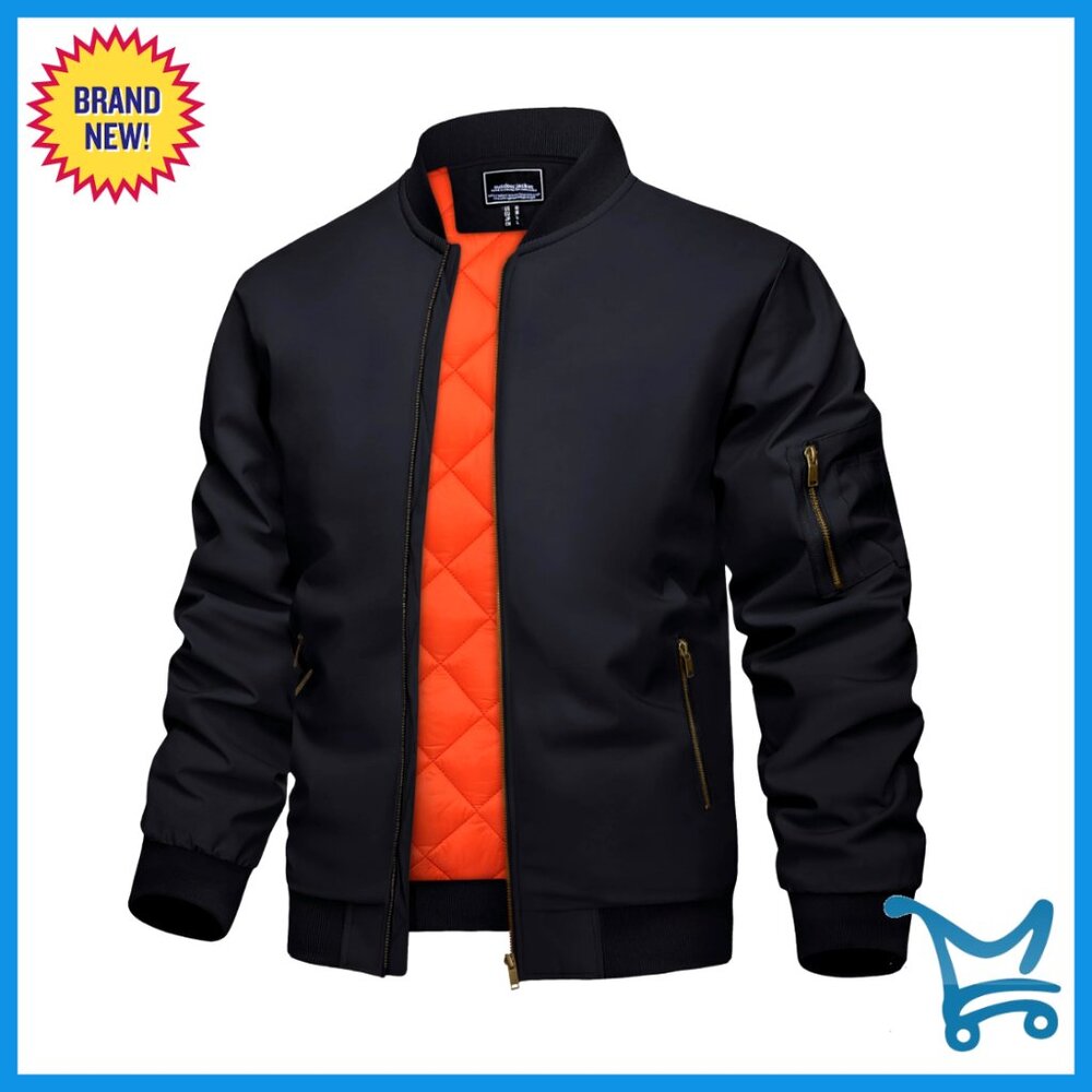 Men's Quilted Bomber Jacket Windbreaker Full Zip Lightweight Polyester